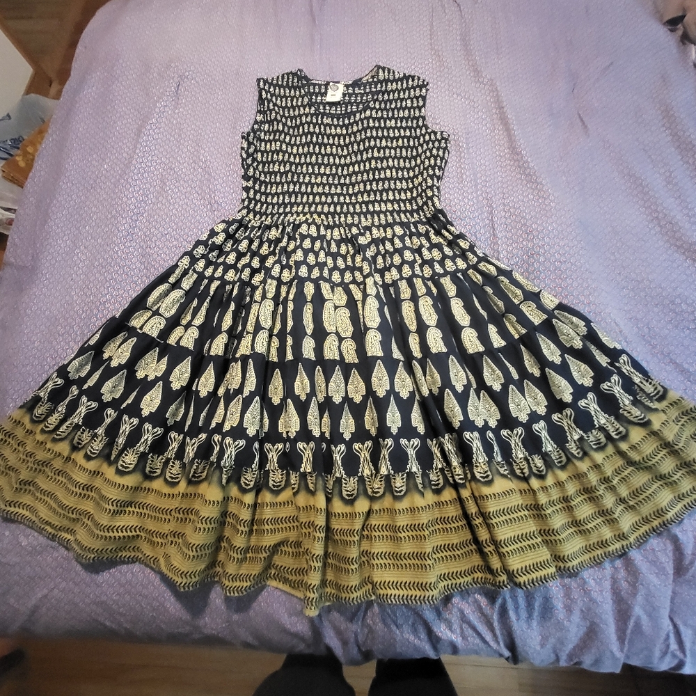 Blue and Gold Fit and Flare Midi Dress 100% Cotton